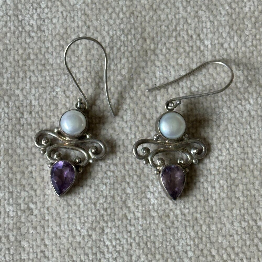 Amethyst and Pearl Sterling Silver Earrings